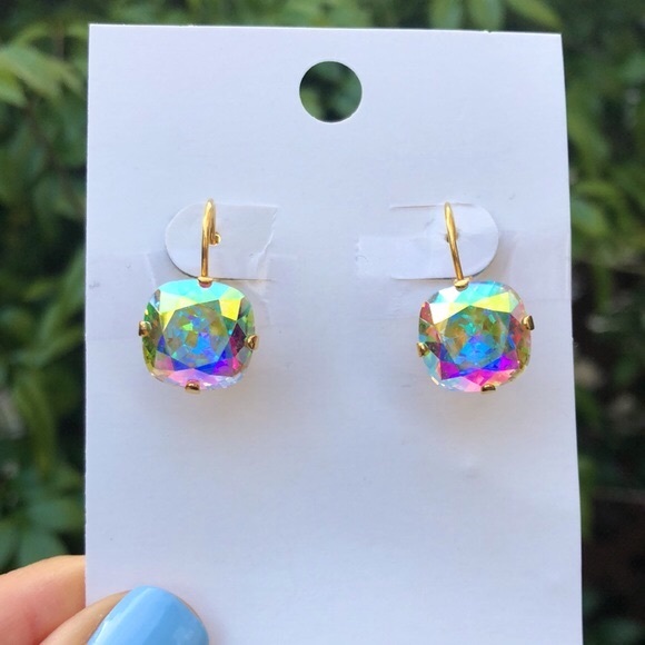Aurora Borealis Cushion Cut Crystal Drop Earrings - Picture 4 of 7